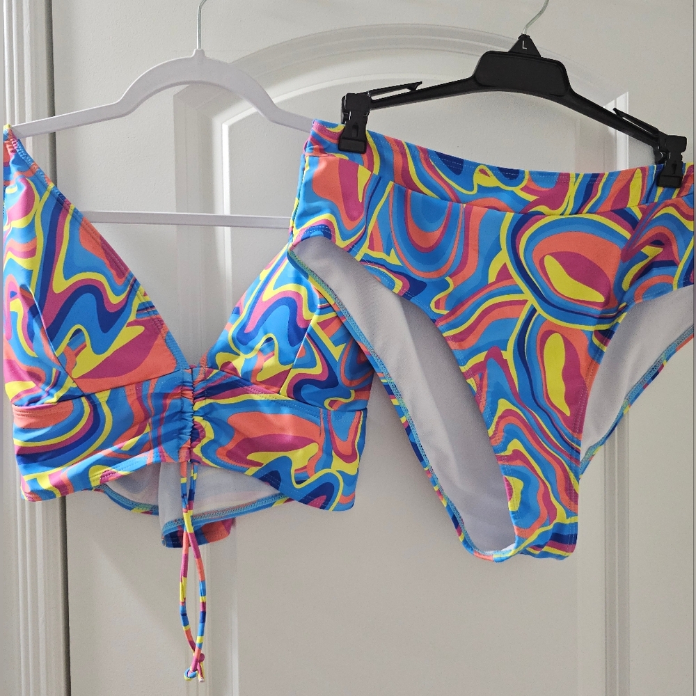 Marble Print Drawstring Halter Neck Bikini Set Size 16 (2XL)